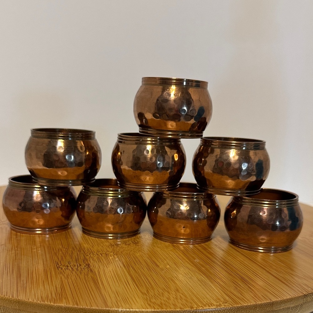 Set of 8 Hammered Copper Over Brass Napkin Rings